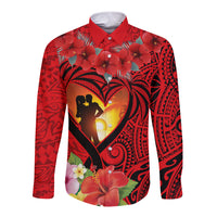 Hawaii Valentine Day Long Sleeve Button Shirt Couple on Beach mix Hibiscus and Polynesian Tattoo LT03 Unisex Red - Polynesian Pride