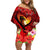 Hawaii Valentine Day Off Shoulder Short Dress Couple on Beach mix Hibiscus and Polynesian Tattoo LT03 Women Red - Polynesian Pride