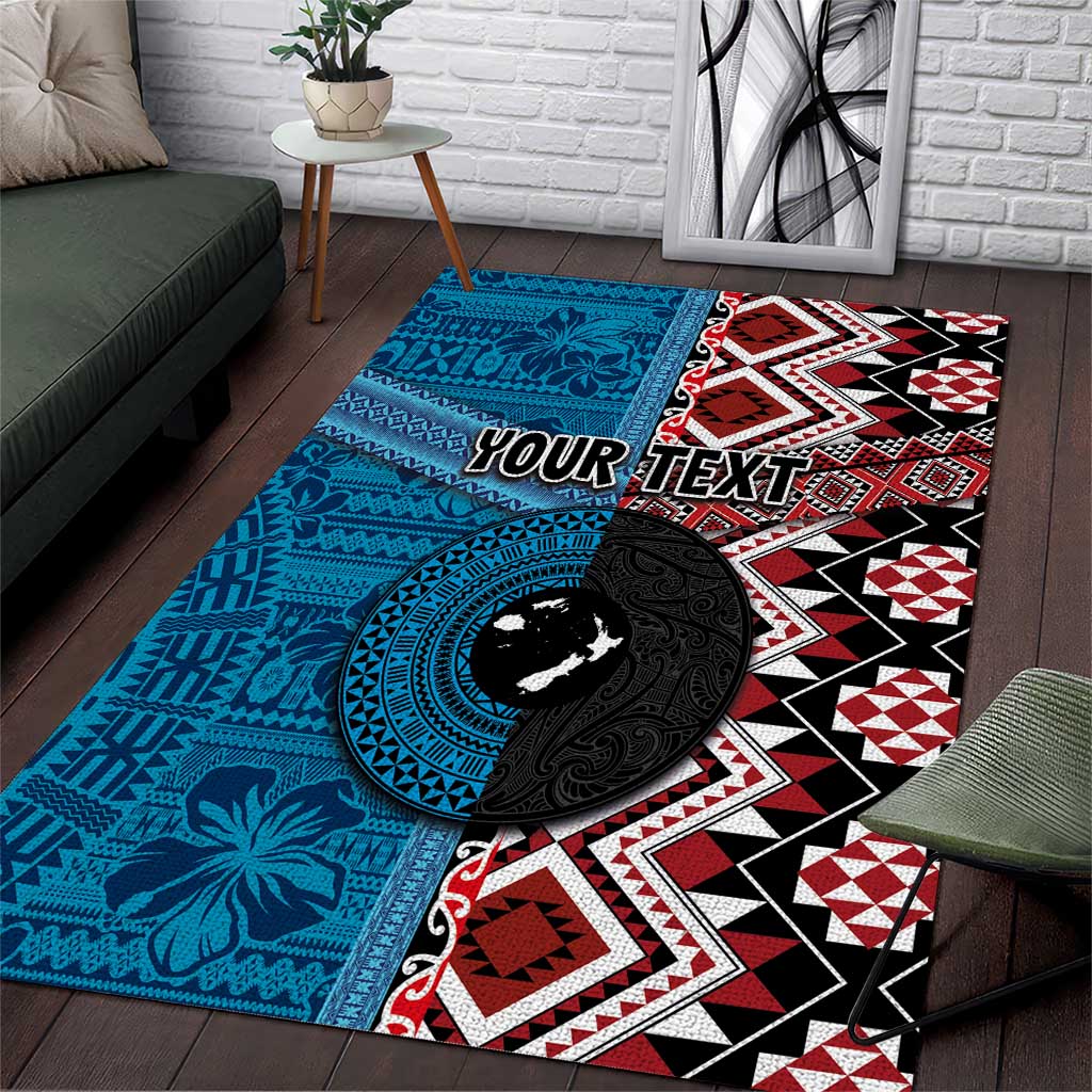 Personalised Aotearoa and Fiji Together Area Rug Melanesian Warrior and Koru - Taniko with Hibiscus Tapa Pattern LT03 Blue - Polynesian Pride