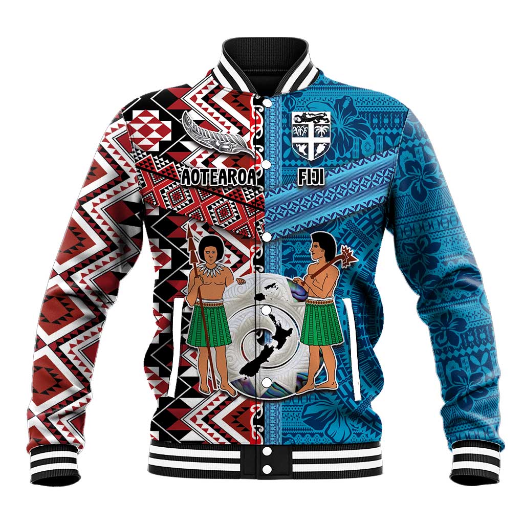 Personalised Aotearoa and Fiji Together Baseball Jacket Melanesian Warrior and Koru - Taniko with Hibiscus Tapa Pattern LT03 Unisex Blue - Polynesian Pride