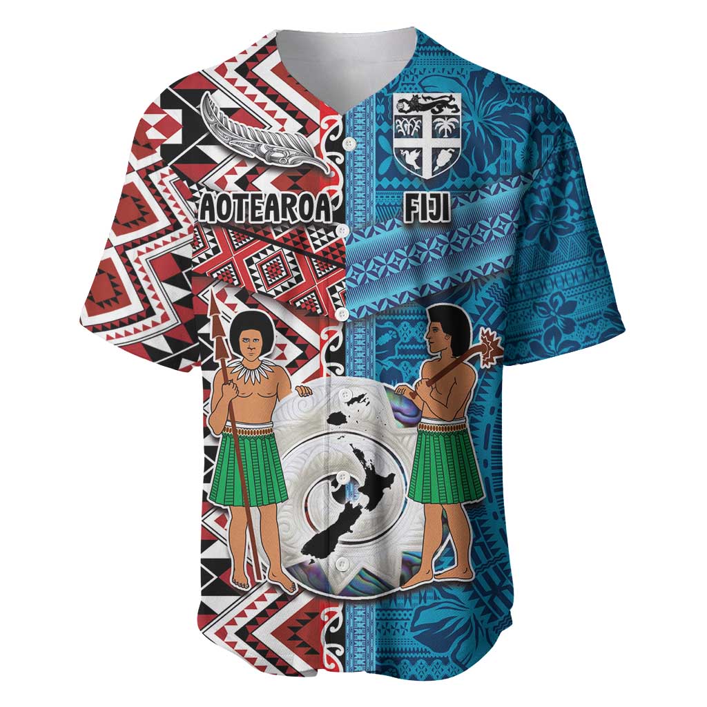 Personalised Aotearoa and Fiji Together Baseball Jersey Melanesian Warrior and Koru - Taniko with Hibiscus Tapa Pattern LT03 Blue - Polynesian Pride