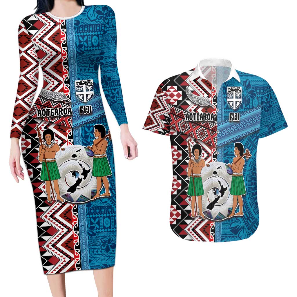 Personalised Aotearoa and Fiji Together Couples Matching Long Sleeve Bodycon Dress and Hawaiian Shirt Melanesian Warrior and Koru - Taniko with Hibiscus Tapa Pattern