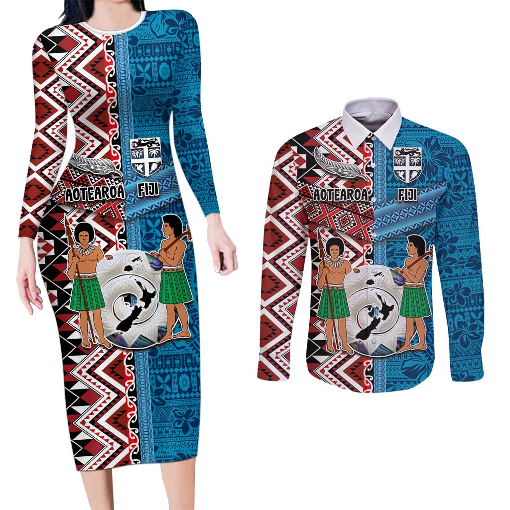 Personalised Aotearoa and Fiji Together Couples Matching Long Sleeve Bodycon Dress and Long Sleeve Button Shirt Melanesian Warrior and Koru - Taniko with Hibiscus Tapa Pattern