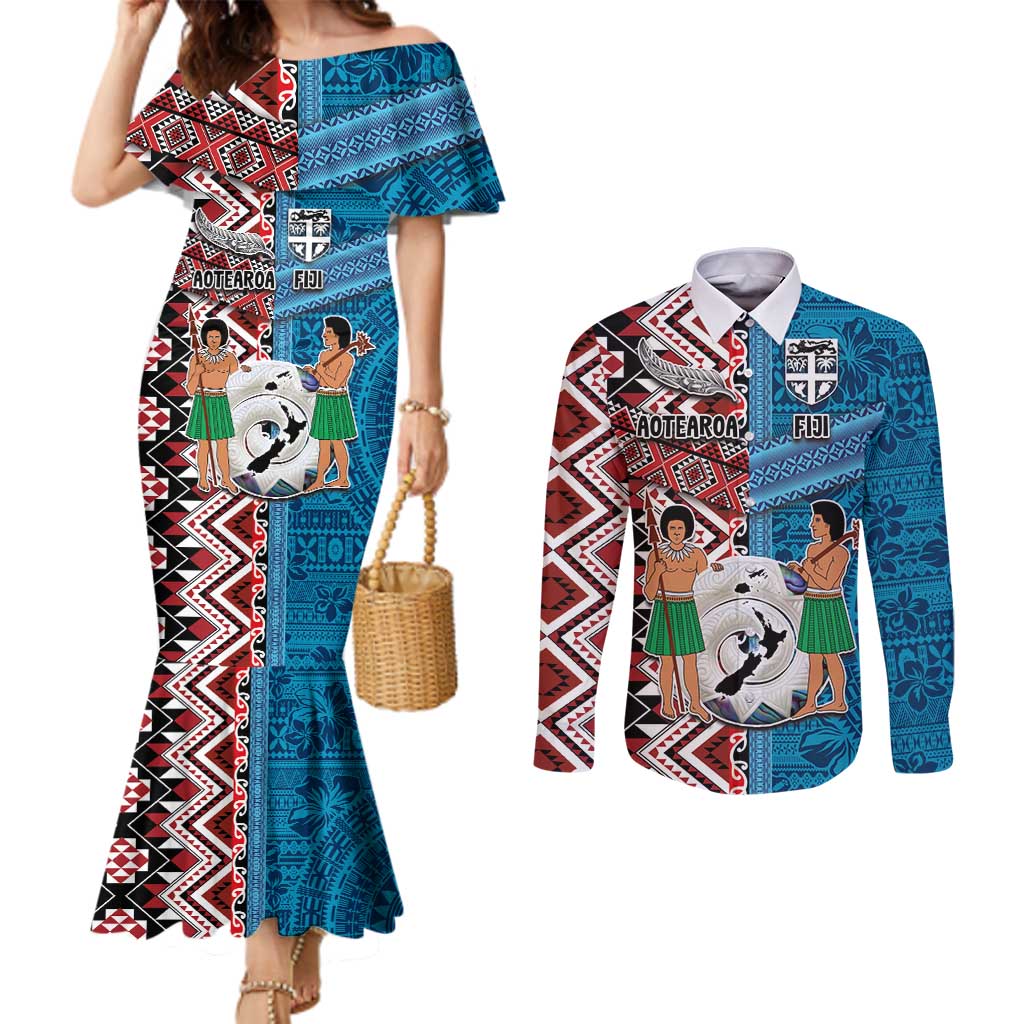 Personalised Aotearoa and Fiji Together Couples Matching Mermaid Dress and Long Sleeve Button Shirt Melanesian Warrior and Koru - Taniko with Hibiscus Tapa Pattern