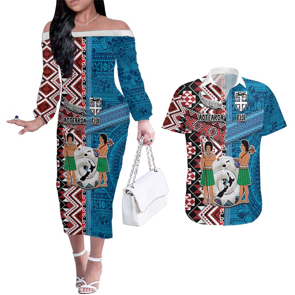 Personalised Aotearoa and Fiji Together Couples Matching Off The Shoulder Long Sleeve Dress and Hawaiian Shirt Melanesian Warrior and Koru - Taniko with Hibiscus Tapa Pattern