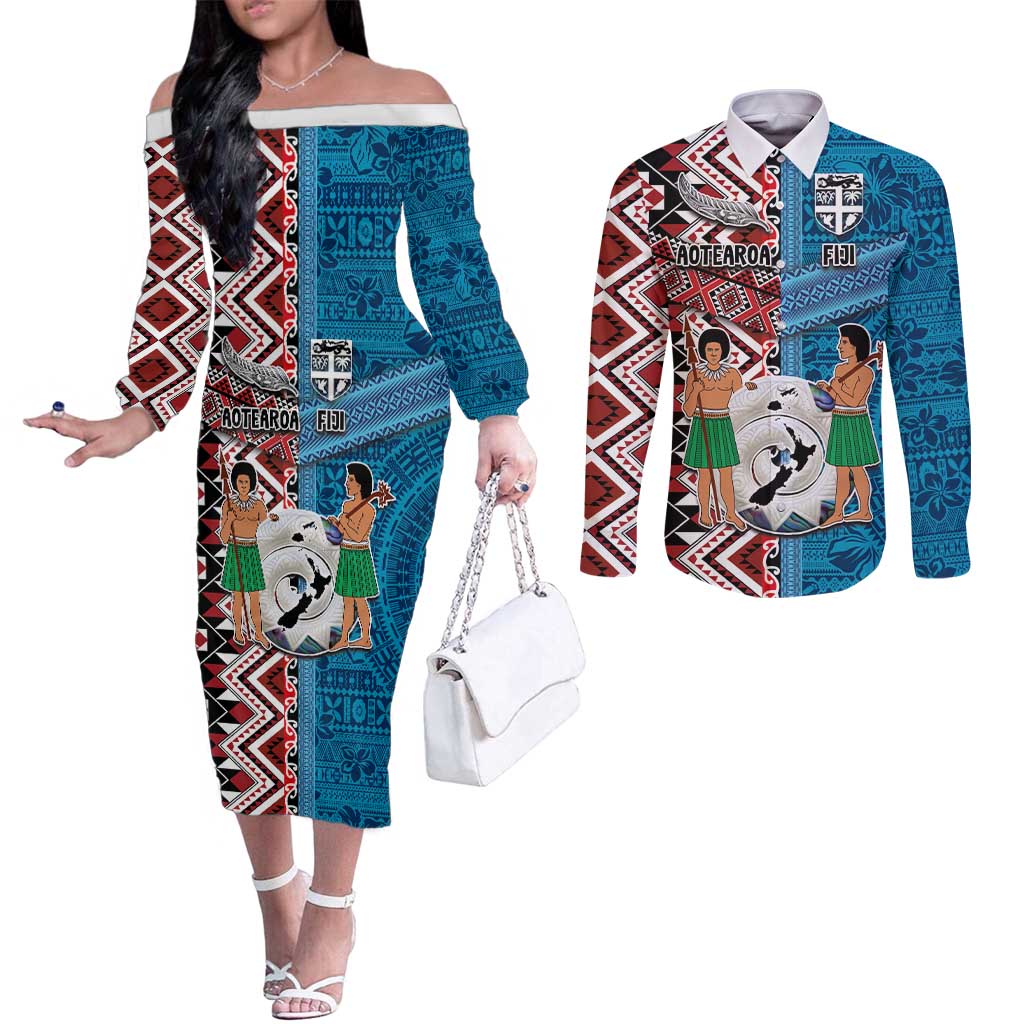 Personalised Aotearoa and Fiji Together Couples Matching Off The Shoulder Long Sleeve Dress and Long Sleeve Button Shirt Melanesian Warrior and Koru - Taniko with Hibiscus Tapa Pattern