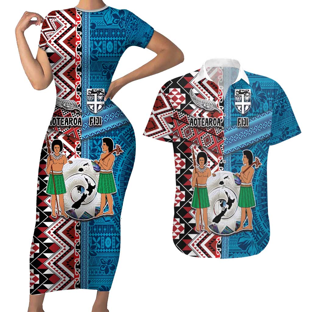 Personalised Aotearoa and Fiji Together Couples Matching Short Sleeve Bodycon Dress and Hawaiian Shirt Melanesian Warrior and Koru - Taniko with Hibiscus Tapa Pattern