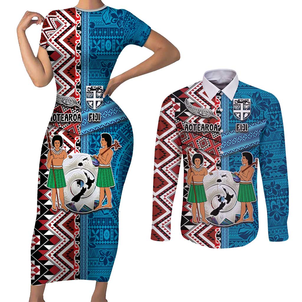 Personalised Aotearoa and Fiji Together Couples Matching Short Sleeve Bodycon Dress and Long Sleeve Button Shirt Melanesian Warrior and Koru - Taniko with Hibiscus Tapa Pattern