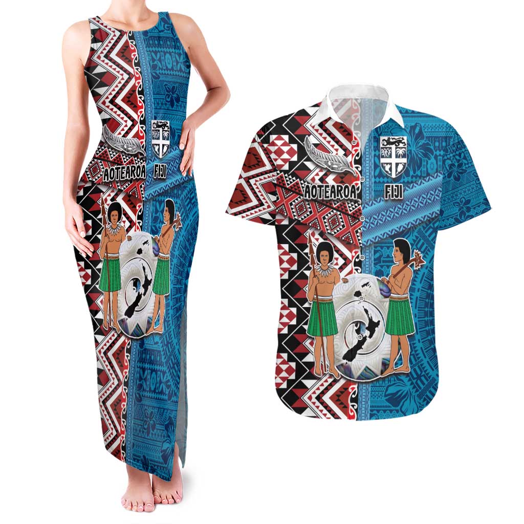 Personalised Aotearoa and Fiji Together Couples Matching Tank Maxi Dress and Hawaiian Shirt Melanesian Warrior and Koru - Taniko with Hibiscus Tapa Pattern