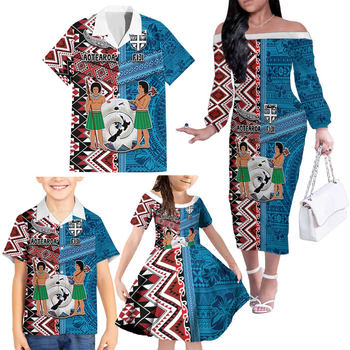 Personalised Aotearoa and Fiji Together Family Matching Off The Shoulder Long Sleeve Dress and Hawaiian Shirt Melanesian Warrior and Koru - Taniko with Hibiscus Tapa Pattern