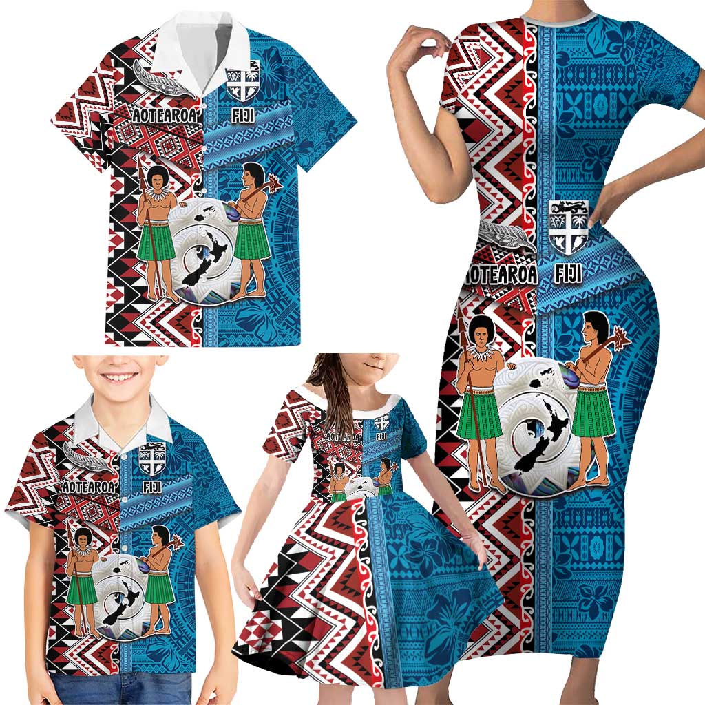 Personalised Aotearoa and Fiji Together Family Matching Short Sleeve Bodycon Dress and Hawaiian Shirt Melanesian Warrior and Koru - Taniko with Hibiscus Tapa Pattern