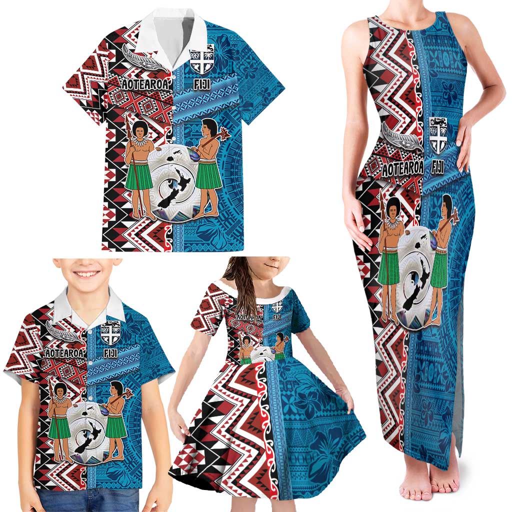 Personalised Aotearoa and Fiji Together Family Matching Tank Maxi Dress and Hawaiian Shirt Melanesian Warrior and Koru - Taniko with Hibiscus Tapa Pattern