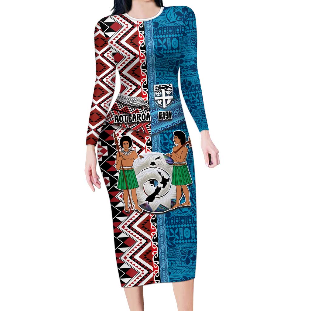 Personalised Aotearoa and Fiji Together Long Sleeve Bodycon Dress Melanesian Warrior and Koru - Taniko with Hibiscus Tapa Pattern