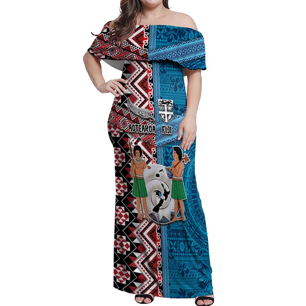 Personalised Aotearoa and Fiji Together Off Shoulder Maxi Dress Melanesian Warrior and Koru - Taniko with Hibiscus Tapa Pattern