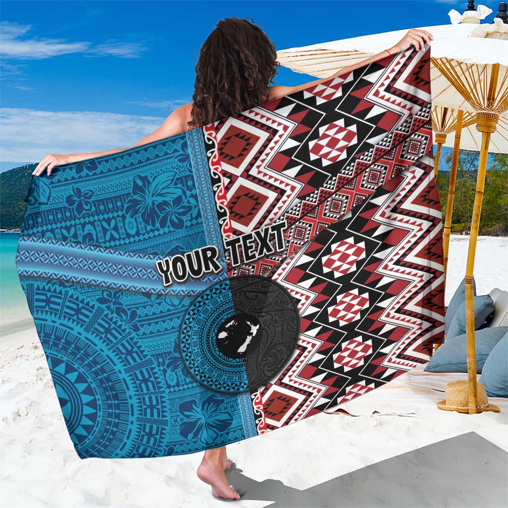 Personalised Aotearoa and Fiji Together Sarong Melanesian Warrior and Koru - Taniko with Hibiscus Tapa Pattern LT03 One Size 44 x 66 inches Blue - Polynesian Pride