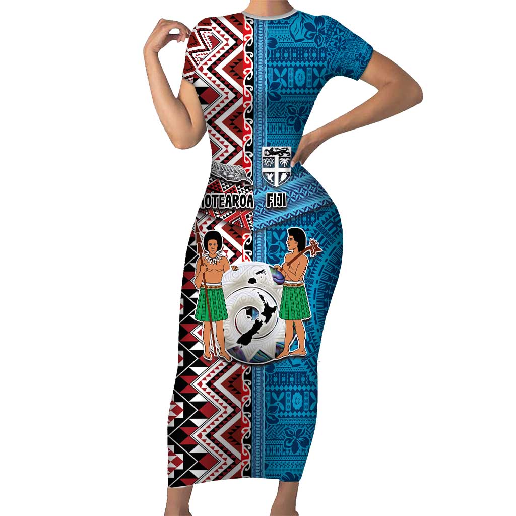 Personalised Aotearoa and Fiji Together Short Sleeve Bodycon Dress Melanesian Warrior and Koru - Taniko with Hibiscus Tapa Pattern