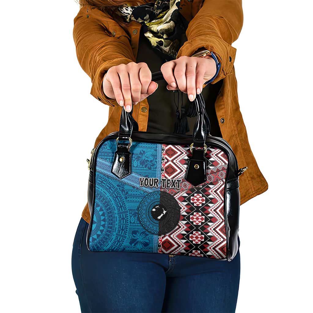 Personalised Aotearoa and Fiji Together Shoulder Handbag Melanesian Warrior and Koru - Taniko with Hibiscus Tapa Pattern LT03 One Size Blue - Polynesian Pride