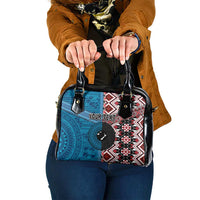 Personalised Aotearoa and Fiji Together Shoulder Handbag Melanesian Warrior and Koru - Taniko with Hibiscus Tapa Pattern LT03 One Size Blue - Polynesian Pride