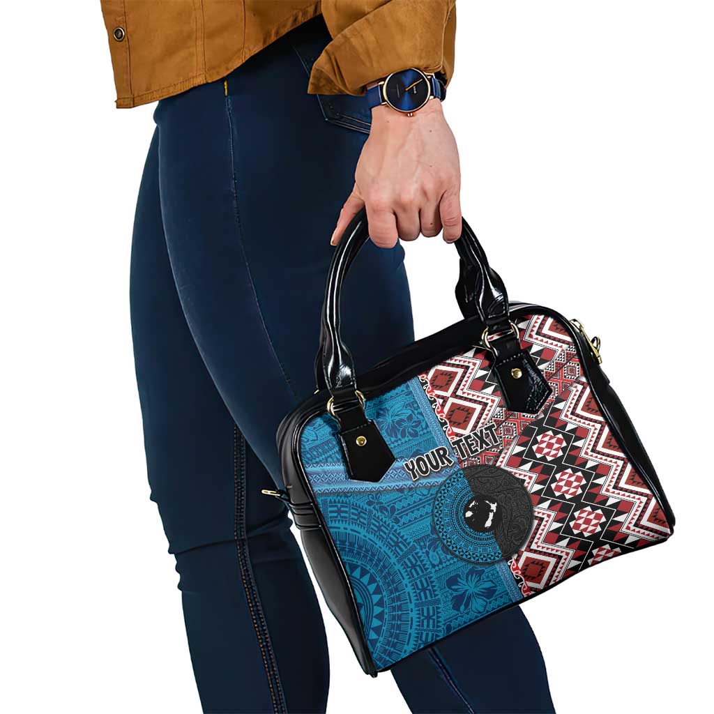 Personalised Aotearoa and Fiji Together Shoulder Handbag Melanesian Warrior and Koru - Taniko with Hibiscus Tapa Pattern LT03 - Polynesian Pride
