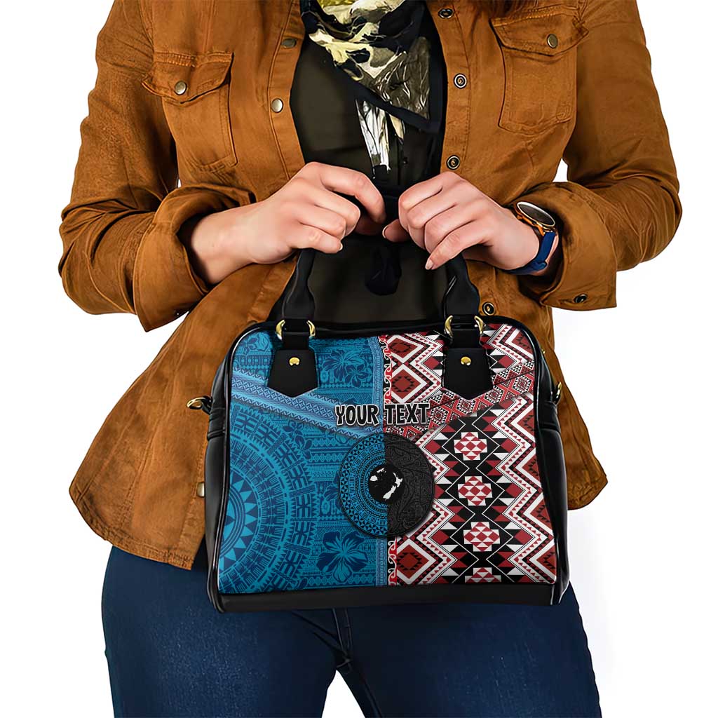 Personalised Aotearoa and Fiji Together Shoulder Handbag Melanesian Warrior and Koru - Taniko with Hibiscus Tapa Pattern LT03 - Polynesian Pride