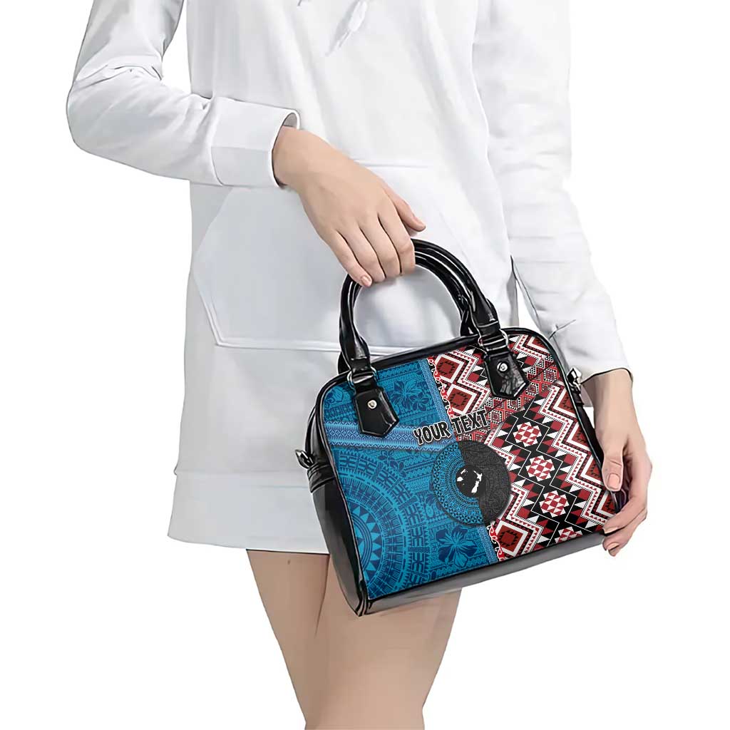 Personalised Aotearoa and Fiji Together Shoulder Handbag Melanesian Warrior and Koru - Taniko with Hibiscus Tapa Pattern LT03 - Polynesian Pride