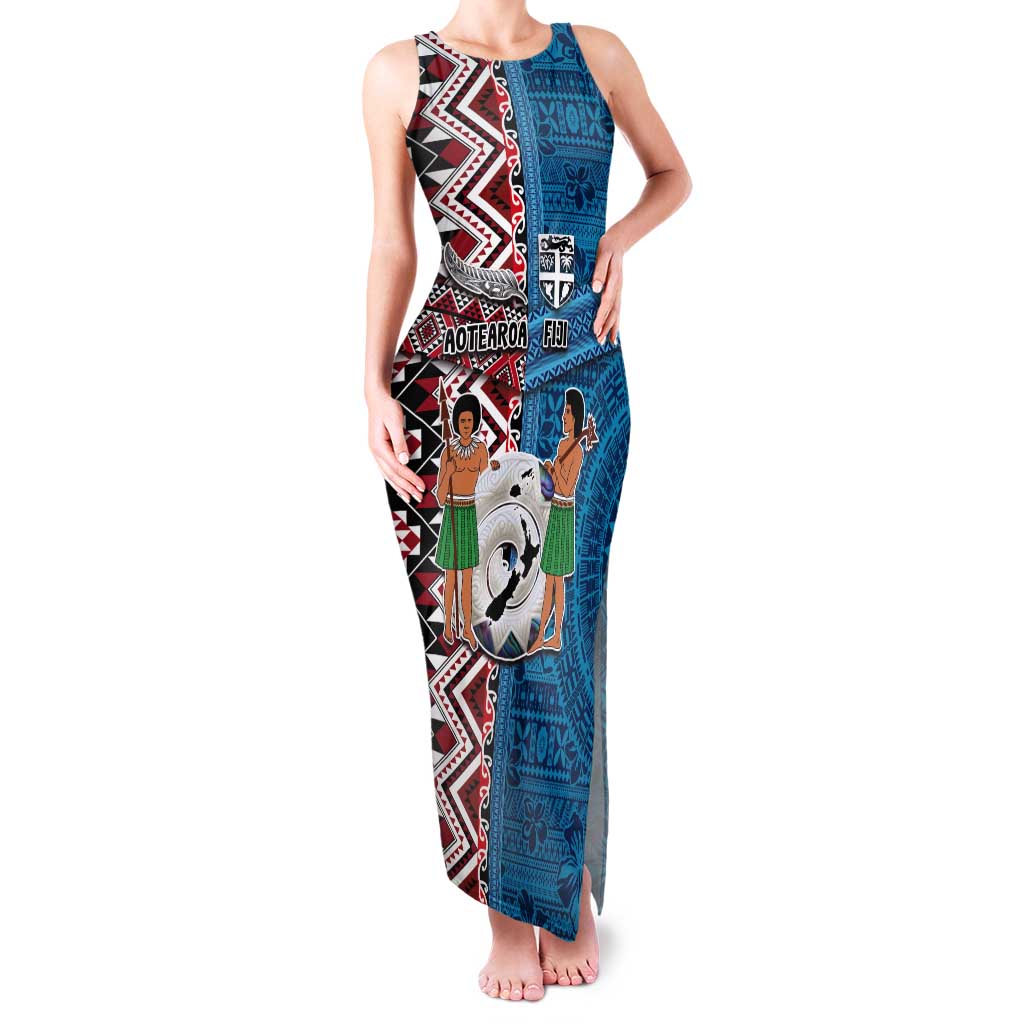 Personalised Aotearoa and Fiji Together Tank Maxi Dress Melanesian Warrior and Koru - Taniko with Hibiscus Tapa Pattern