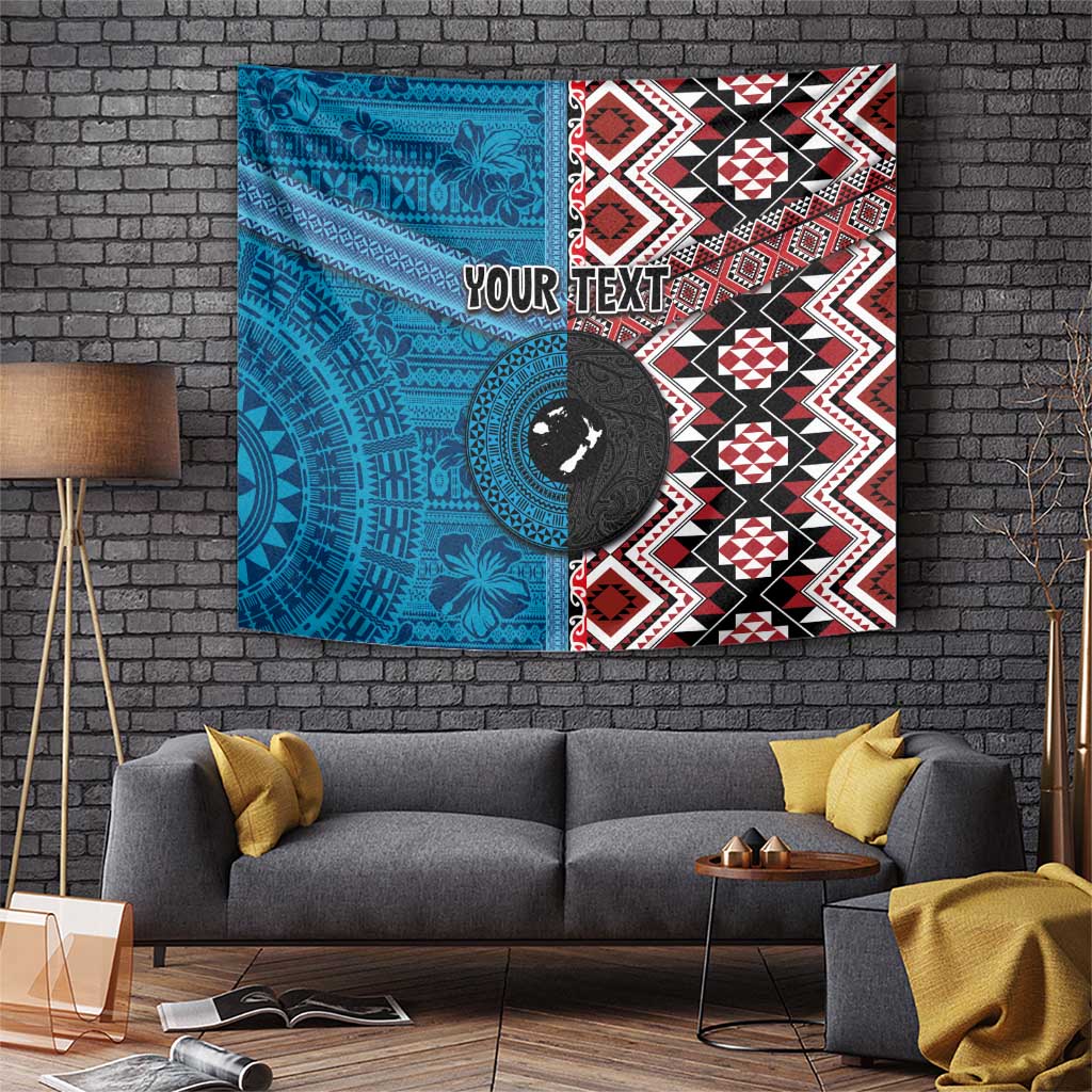 Personalised Aotearoa and Fiji Together Tapestry Melanesian Warrior and Koru - Taniko with Hibiscus Tapa Pattern LT03 Blue - Polynesian Pride