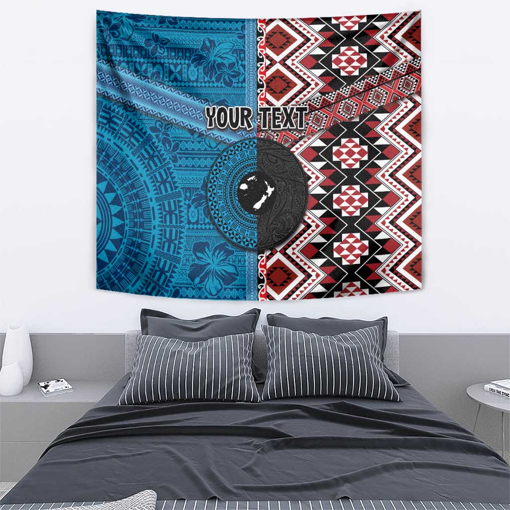 Personalised Aotearoa and Fiji Together Tapestry Melanesian Warrior and Koru - Taniko with Hibiscus Tapa Pattern LT03 - Polynesian Pride