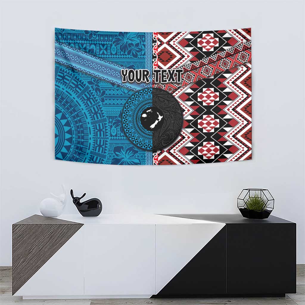 Personalised Aotearoa and Fiji Together Tapestry Melanesian Warrior and Koru - Taniko with Hibiscus Tapa Pattern LT03 - Polynesian Pride