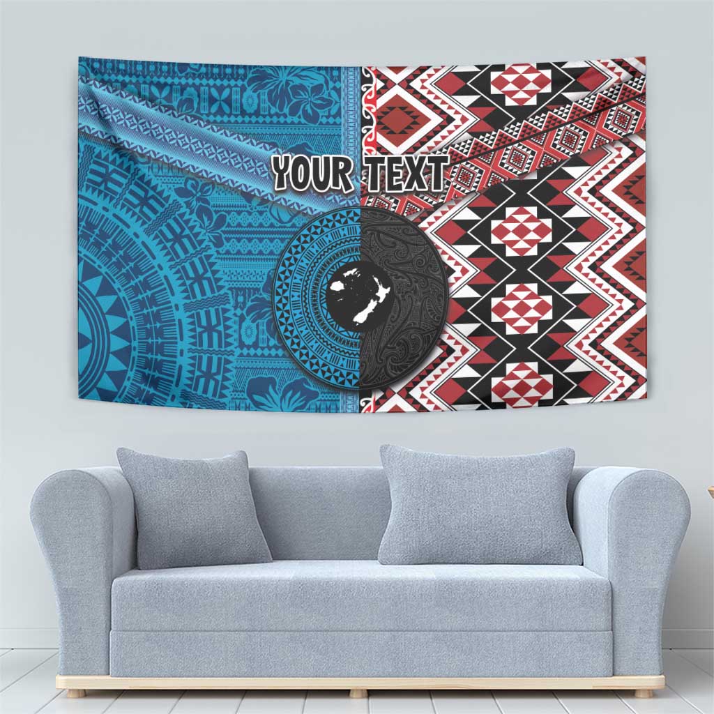 Personalised Aotearoa and Fiji Together Tapestry Melanesian Warrior and Koru - Taniko with Hibiscus Tapa Pattern LT03 - Polynesian Pride