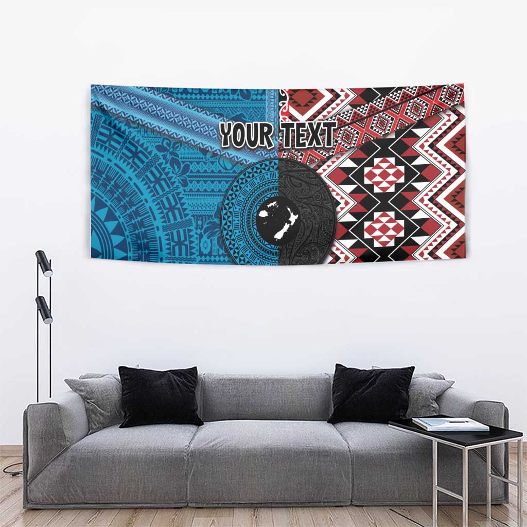 Personalised Aotearoa and Fiji Together Tapestry Melanesian Warrior and Koru - Taniko with Hibiscus Tapa Pattern LT03 - Polynesian Pride