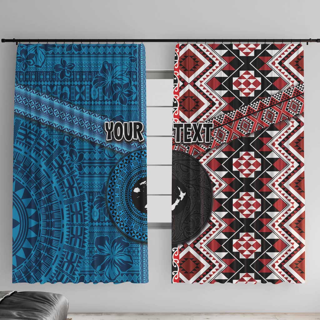 Personalised Aotearoa and Fiji Together Window Curtain Melanesian Warrior and Koru - Taniko with Hibiscus Tapa Pattern LT03 With Hooks Blue - Polynesian Pride