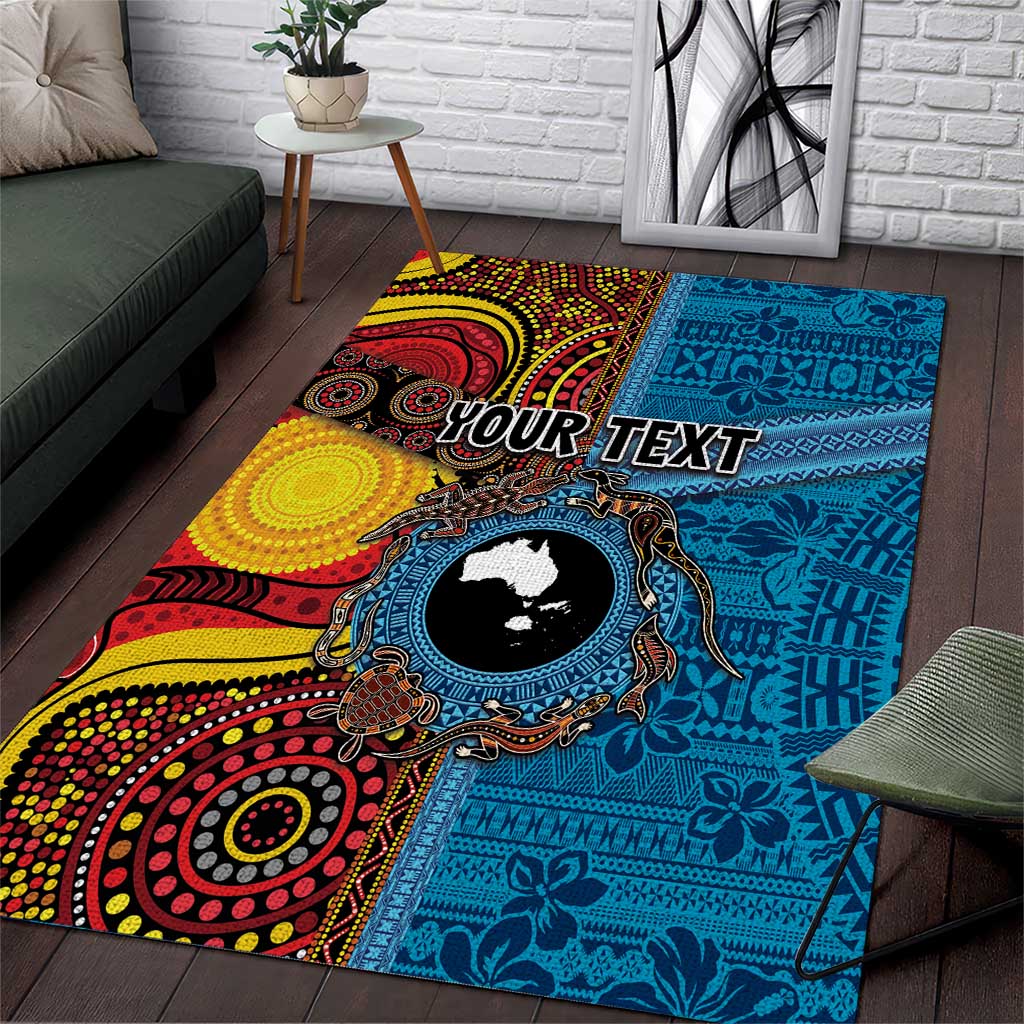 Personalised Australia and Fiji Together Area Rug Tribal Palm Tree with Tapa and Aboriginal Animals Half Style LT03 Blue - Polynesian Pride