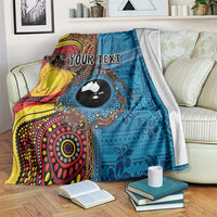 Personalised Australia and Fiji Together Blanket Tribal Palm Tree with Tapa and Aboriginal Animals Half Style LT03 Blue - Polynesian Pride