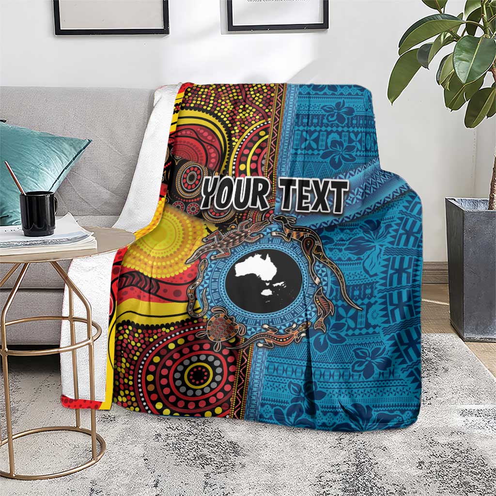 Personalised Australia and Fiji Together Blanket Tribal Palm Tree with Tapa and Aboriginal Animals Half Style LT03 - Polynesian Pride
