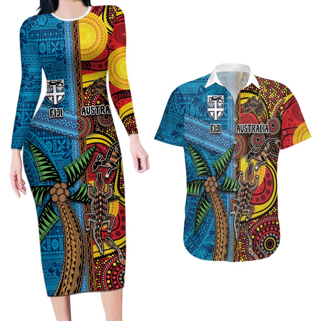 Personalised Australia and Fiji Together Couples Matching Long Sleeve Bodycon Dress and Hawaiian Shirt Tribal Palm Tree with Tapa and Aboriginal Animals Half Style