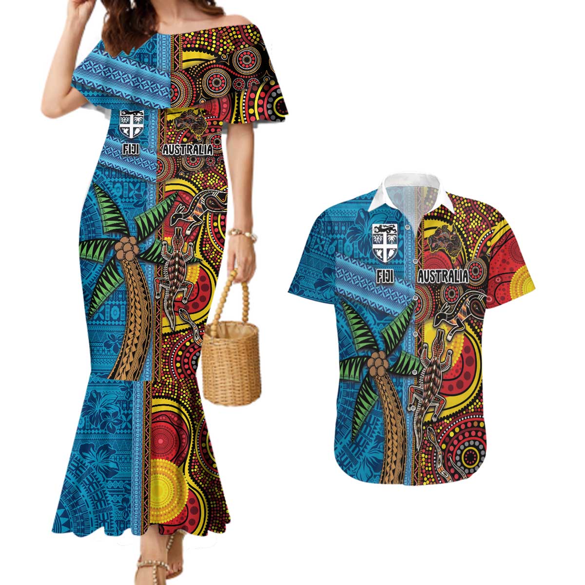 Personalised Australia and Fiji Together Couples Matching Mermaid Dress and Hawaiian Shirt Tribal Palm Tree with Tapa and Aboriginal Animals Half Style