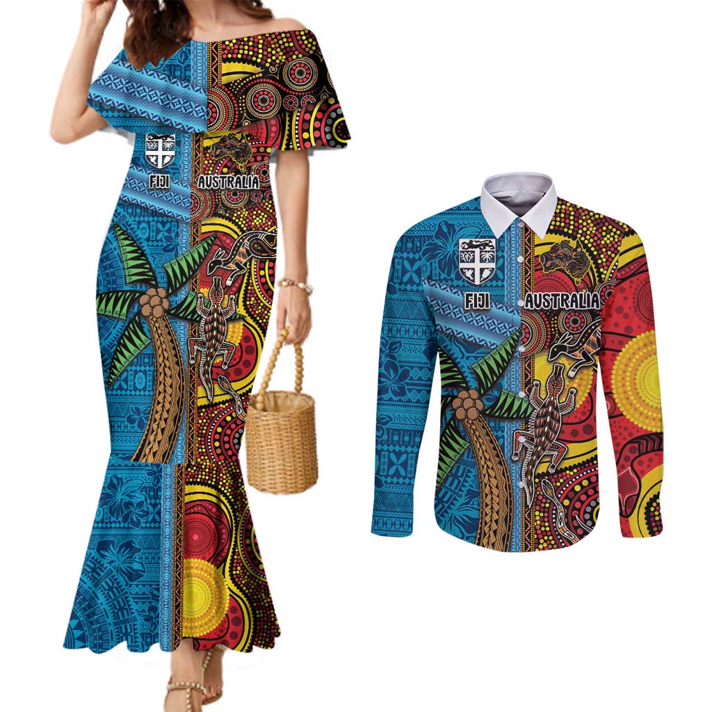 Personalised Australia and Fiji Together Couples Matching Mermaid Dress and Long Sleeve Button Shirt Tribal Palm Tree with Tapa and Aboriginal Animals Half Style