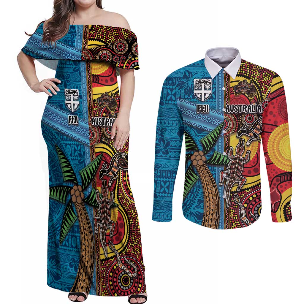 Personalised Australia and Fiji Together Couples Matching Off Shoulder Maxi Dress and Long Sleeve Button Shirt Tribal Palm Tree with Tapa and Aboriginal Animals Half Style