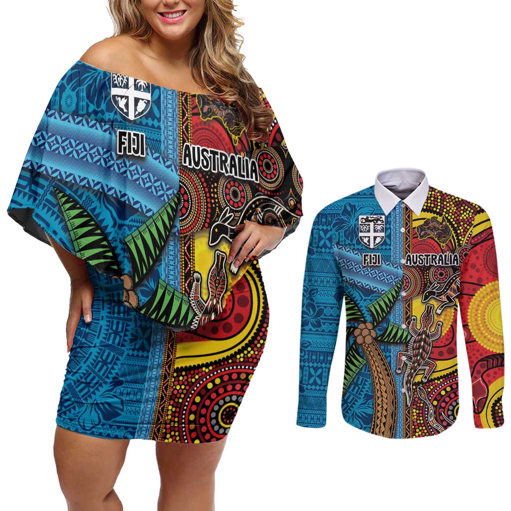 Personalised Australia and Fiji Together Couples Matching Off Shoulder Short Dress and Long Sleeve Button Shirt Tribal Palm Tree with Tapa and Aboriginal Animals Half Style