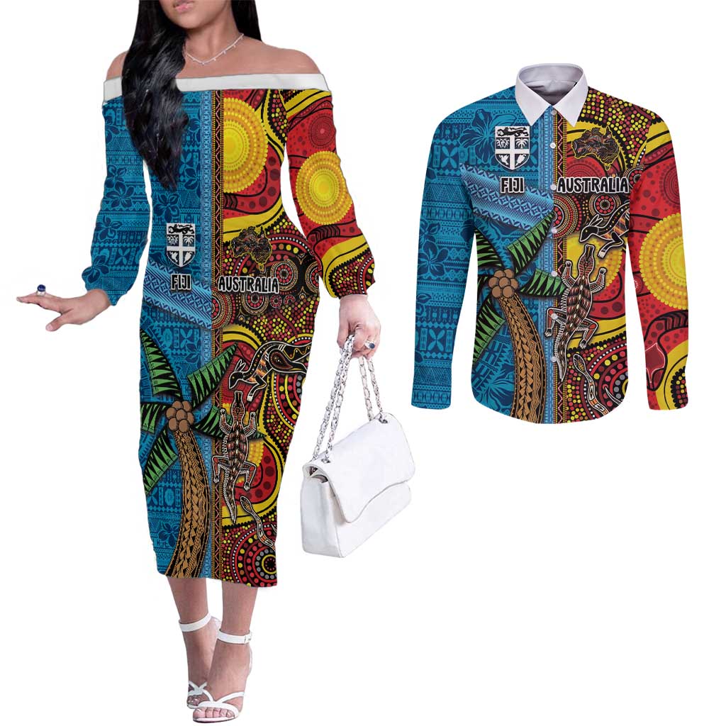 Personalised Australia and Fiji Together Couples Matching Off The Shoulder Long Sleeve Dress and Long Sleeve Button Shirt Tribal Palm Tree with Tapa and Aboriginal Animals Half Style