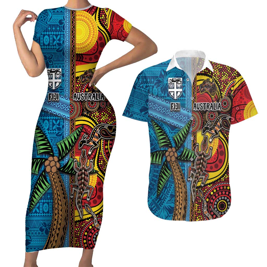 Personalised Australia and Fiji Together Couples Matching Short Sleeve Bodycon Dress and Hawaiian Shirt Tribal Palm Tree with Tapa and Aboriginal Animals Half Style