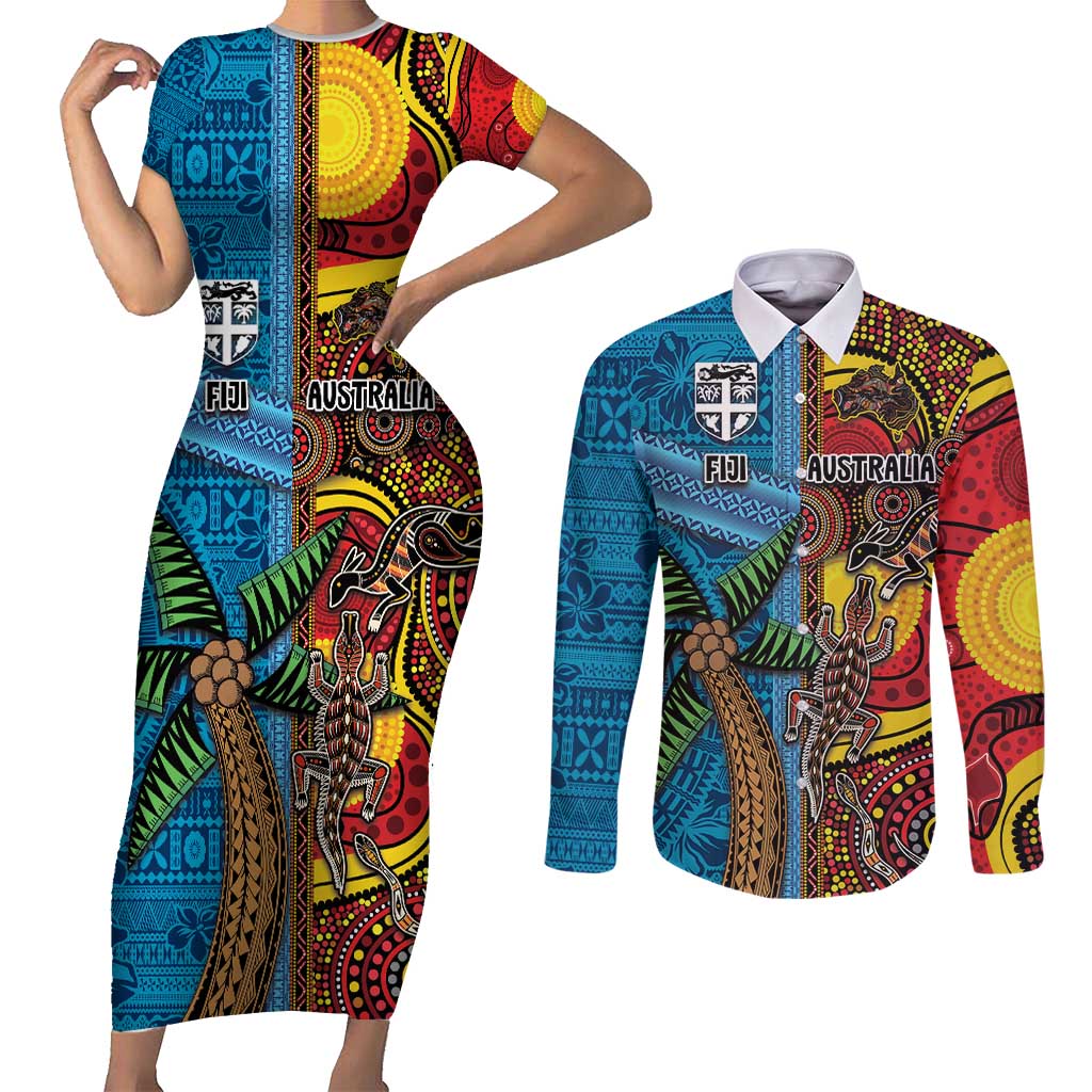 Personalised Australia and Fiji Together Couples Matching Short Sleeve Bodycon Dress and Long Sleeve Button Shirt Tribal Palm Tree with Tapa and Aboriginal Animals Half Style