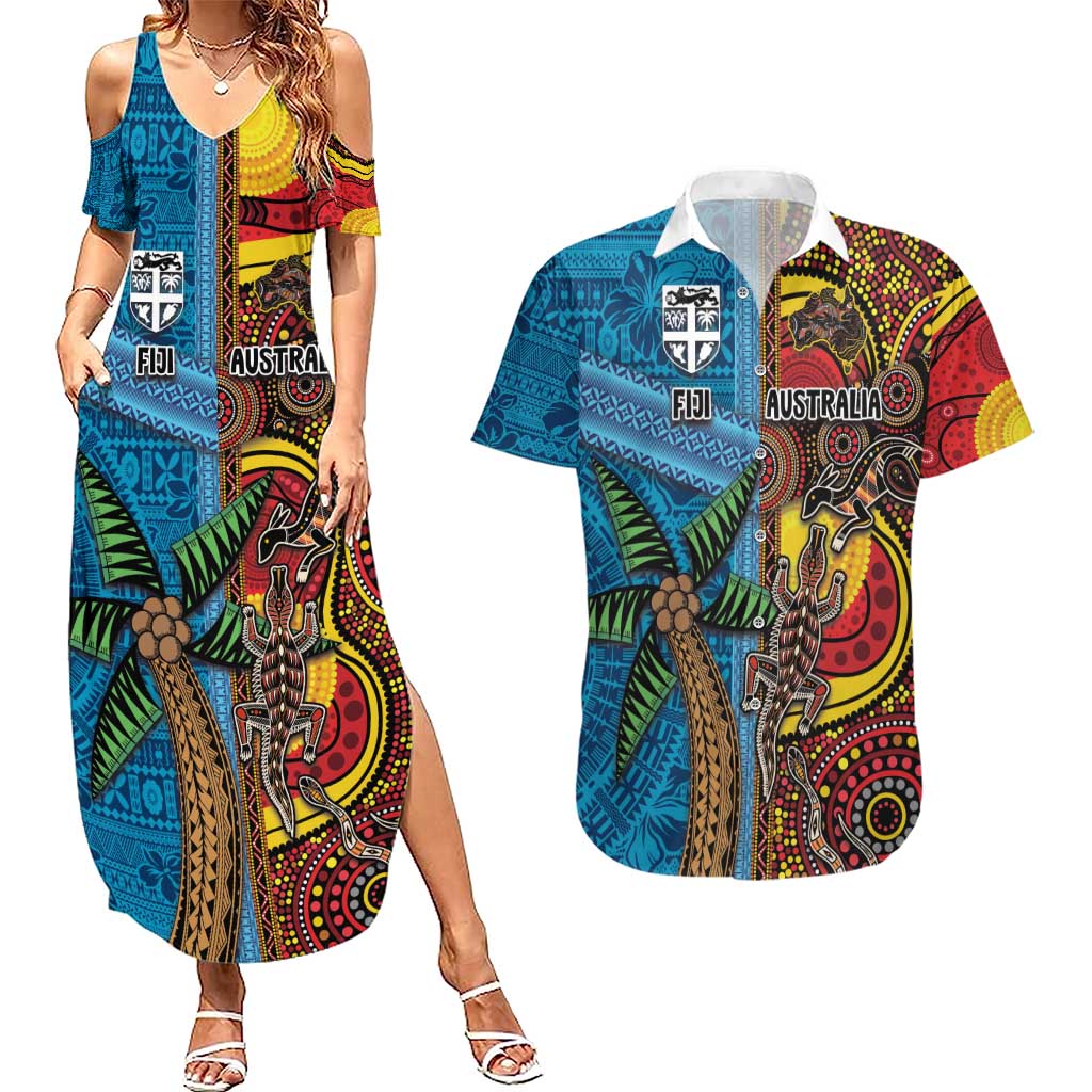 Personalised Australia and Fiji Together Couples Matching Summer Maxi Dress and Hawaiian Shirt Tribal Palm Tree with Tapa and Aboriginal Animals Half Style