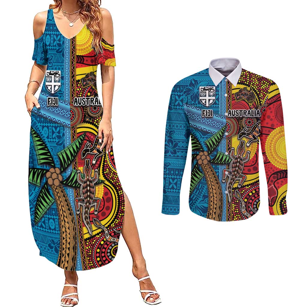 Personalised Australia and Fiji Together Couples Matching Summer Maxi Dress and Long Sleeve Button Shirt Tribal Palm Tree with Tapa and Aboriginal Animals Half Style