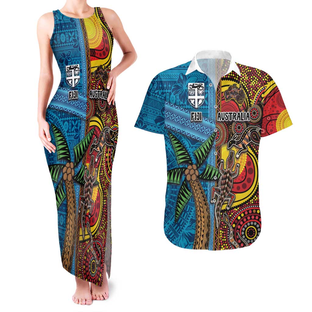 Personalised Australia and Fiji Together Couples Matching Tank Maxi Dress and Hawaiian Shirt Tribal Palm Tree with Tapa and Aboriginal Animals Half Style