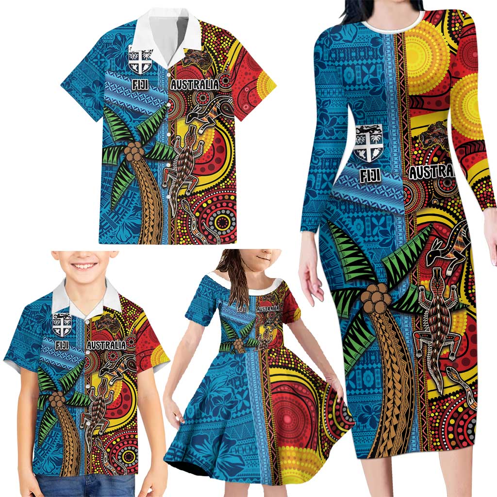 Personalised Australia and Fiji Together Family Matching Long Sleeve Bodycon Dress and Hawaiian Shirt Tribal Palm Tree with Tapa and Aboriginal Animals Half Style