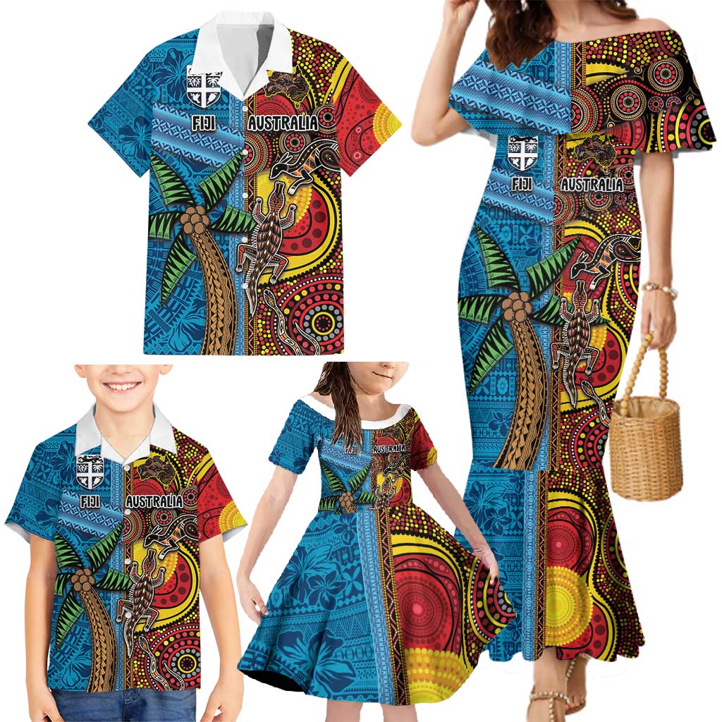 Personalised Australia and Fiji Together Family Matching Mermaid Dress and Hawaiian Shirt Tribal Palm Tree with Tapa and Aboriginal Animals Half Style