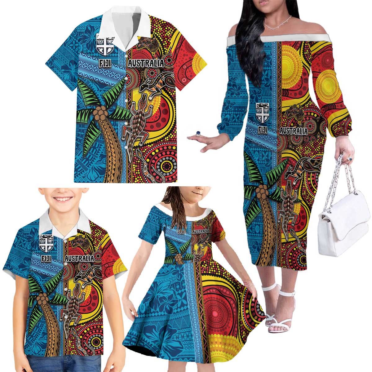 Personalised Australia and Fiji Together Family Matching Off The Shoulder Long Sleeve Dress and Hawaiian Shirt Tribal Palm Tree with Tapa and Aboriginal Animals Half Style