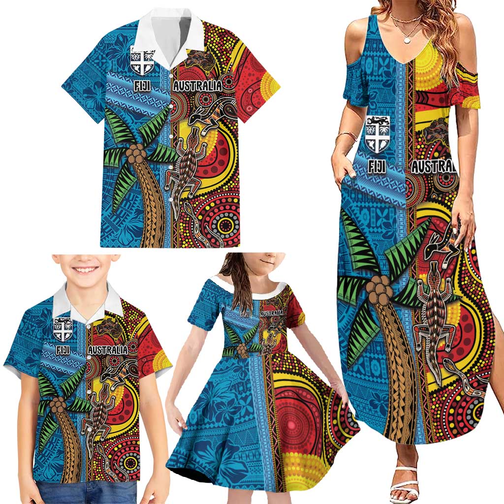 Personalised Australia and Fiji Together Family Matching Summer Maxi Dress and Hawaiian Shirt Tribal Palm Tree with Tapa and Aboriginal Animals Half Style